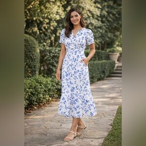 French Connection NWT Floral Blue and White long Dress. 100% cotton oversized sm